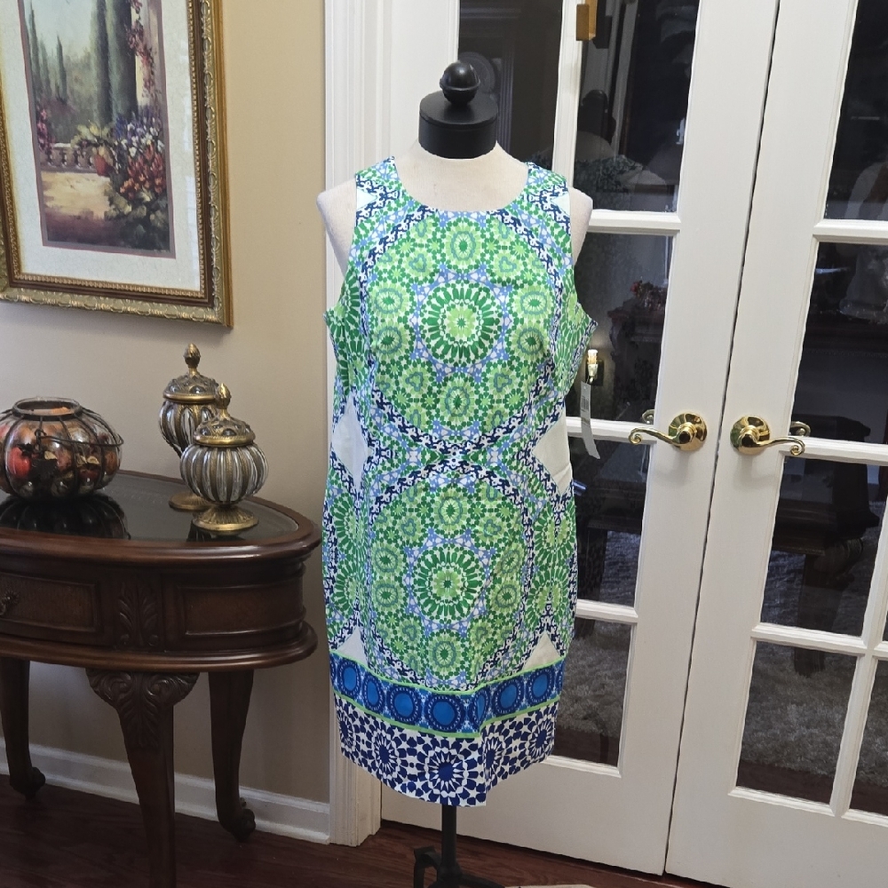 London Times Green Blue White Mosaic Sleeveless Dress Stretch  12 NEW WITH TAGS